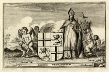 136040 Afbeelding van het wapen van de provincie Utrecht, vastgehouden door een bisschop, omringd door spelende engeltjes.